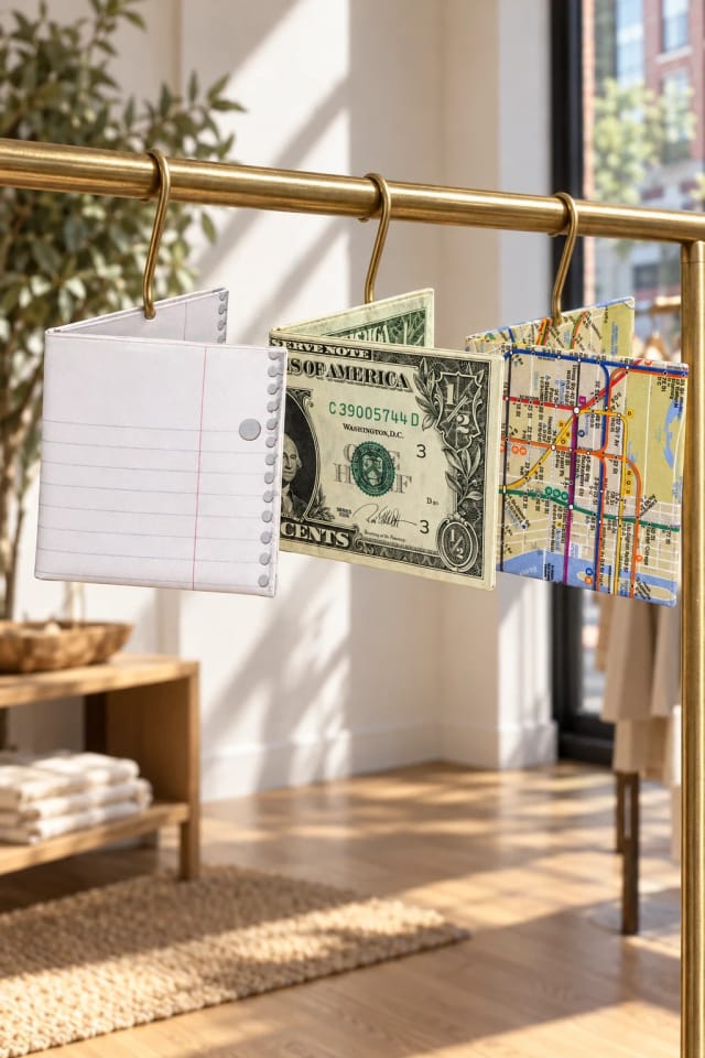3 Ring Binder Mighty Wallet, Half Dollar Mighty Wallet and Subway Map Mighty Wallet in a sunlit boutique