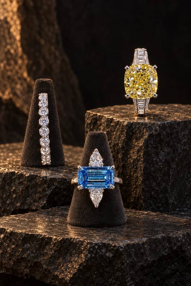 RoseMajester 0.5ct Bezel Set Full Eternity Band in 14K White Gold, 1.5ct Emerald Cut Blue Diamond Three-Stone Engagement Ring in 18K White Gold and 5ct Yellow Cushion Diamond Pavé Engagement Ring with Emerald Cut Accent Diamonds in Platinum in a bright home
