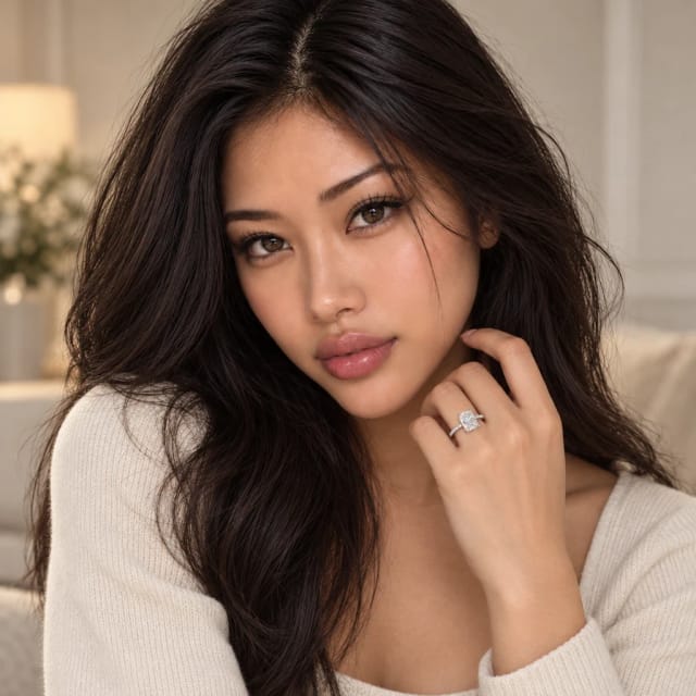 Julysnow Jewelry 3ct Radiant Cut Diamond Pavé Engagement Ring worn by Yuki, Trovemont's virtual model (AI-generated)