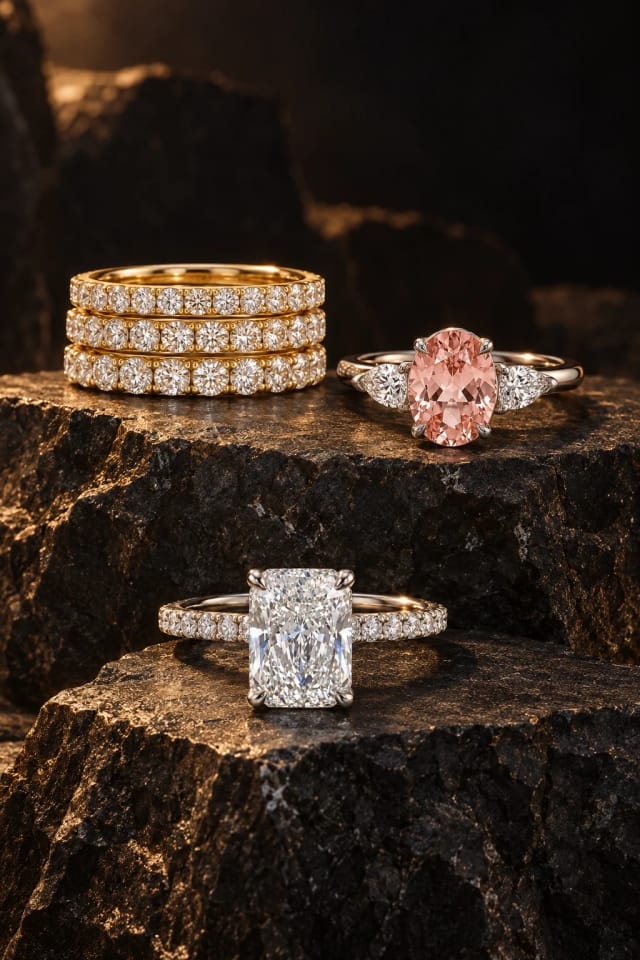 Julysnow Jewelry Lab-Grown Diamond Eternity Band, Petite, Classic & Grand, 14K or 18K Gold, Oval Peach Sapphire & Lab-Grown Diamond Trilogy Ring, 1.05 ct, 18K White Gold and 3ct Radiant Cut Diamond Pavé Engagement Ring on dark basalt ledges