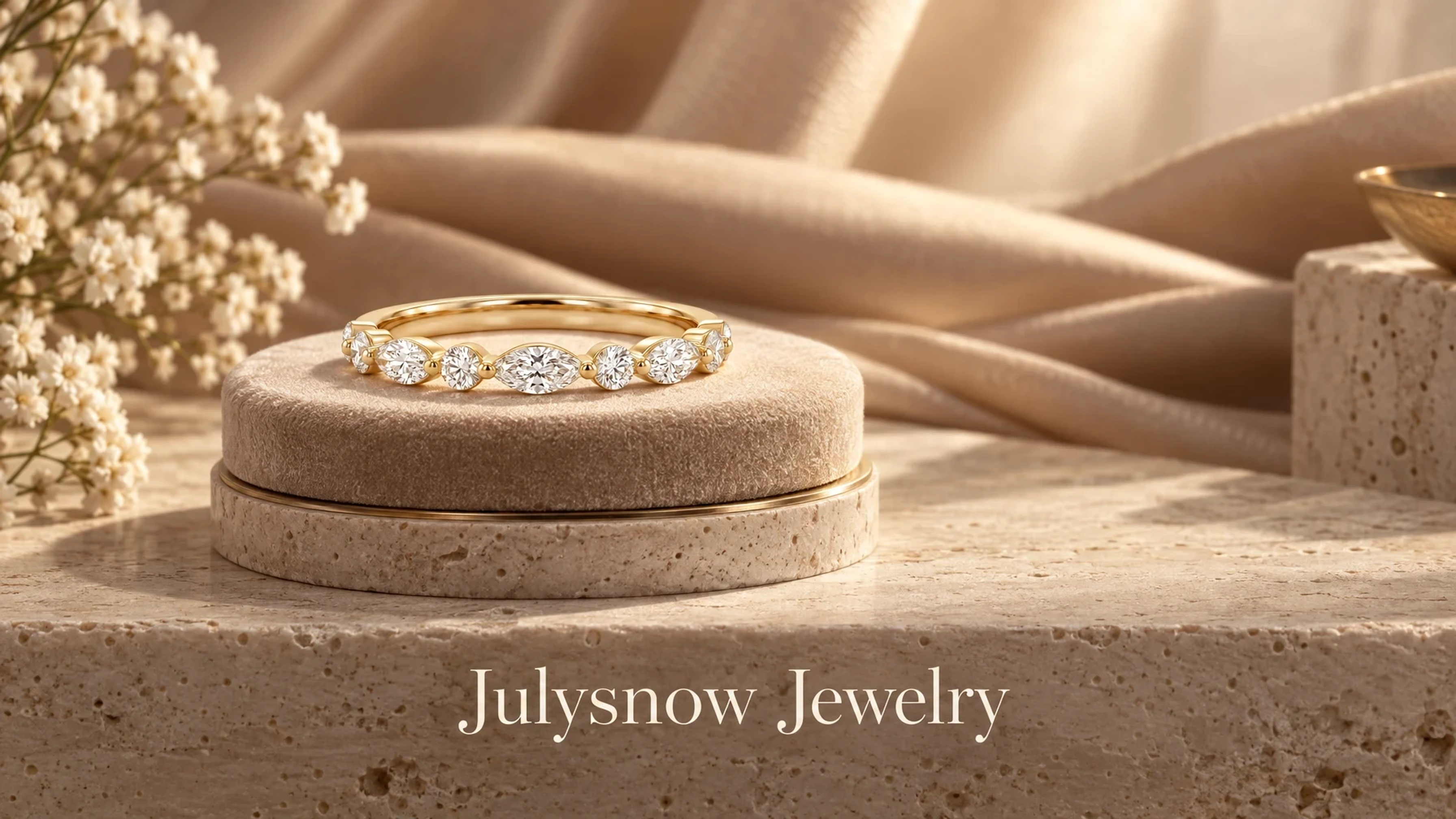 Julysnow Jewelry Marquise & Round Lab-Grown Diamond Stacking Band, 0.70 ctw, 14K & 18K Gold on a jewelry stand set on a travertine ledge before draped silk