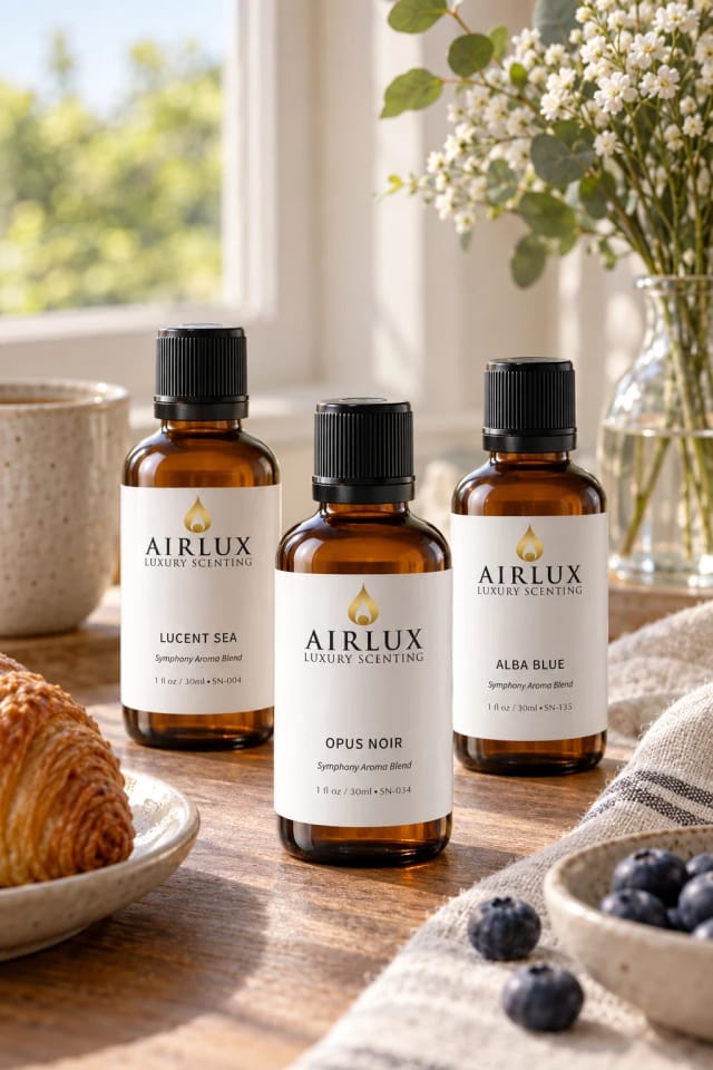 Airlux Signature Aroma Oil No. 004 Lucent Sea, 034 Opus Noir and 135 Alba Blue bottles on a set table