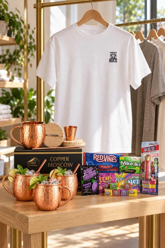 Several Gift Crates LLC products in white, metallic, brown and blue