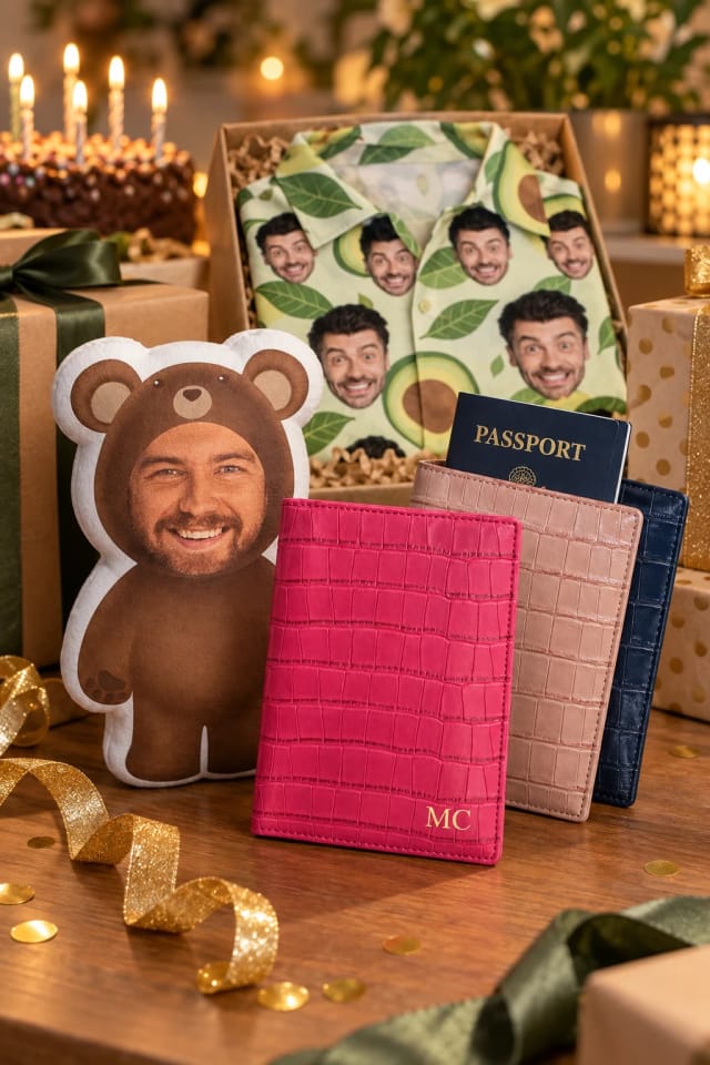 CraftThisGift Personalised Passport Cover, Personalized Photo Pillow and Personalized Short-Sleeve Shirt on a festive table