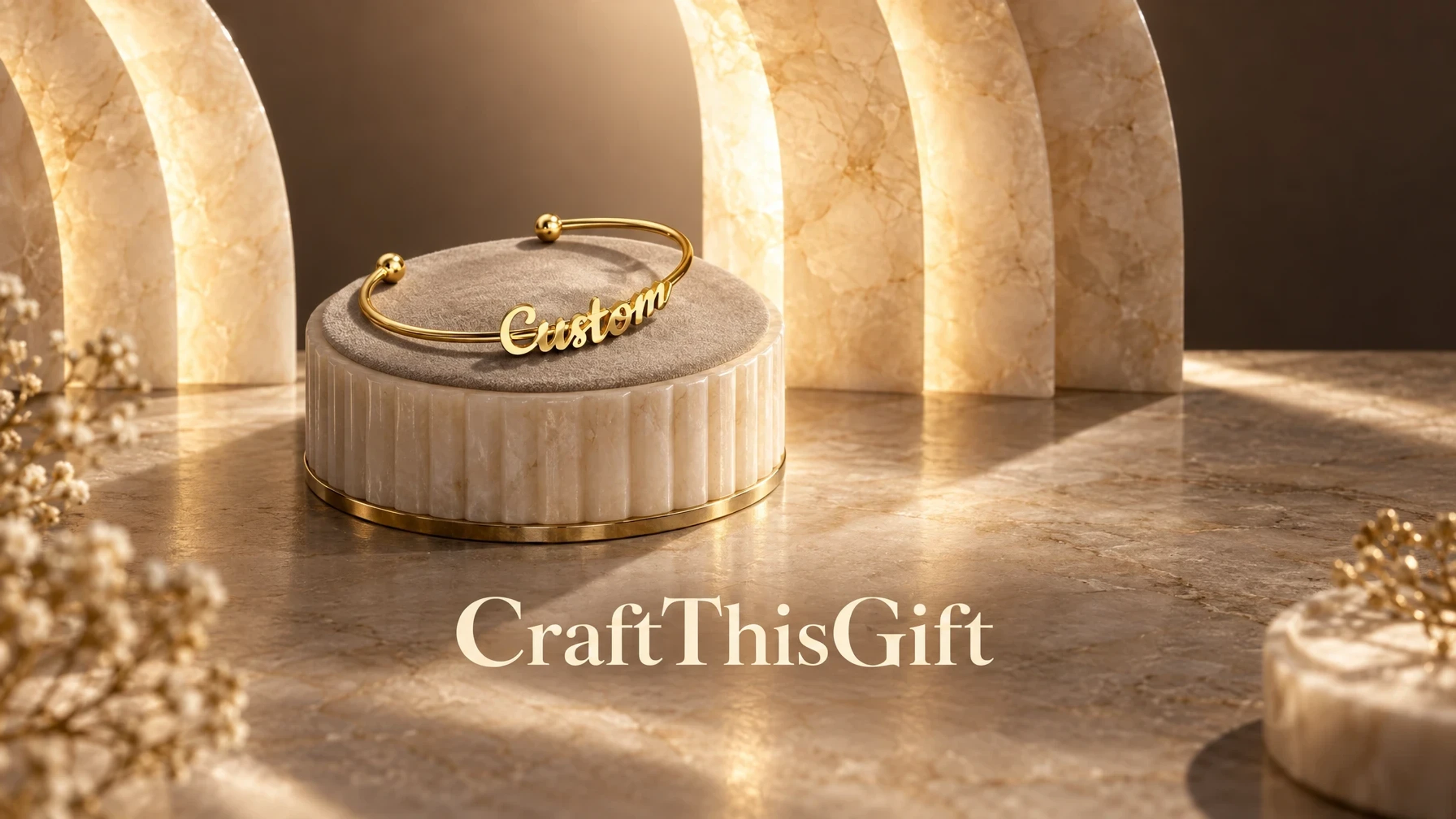 CraftThisGift Bracelet with Personalized Name on a jewelry stand set on an alabaster pedestal before backlit alabaster arcs