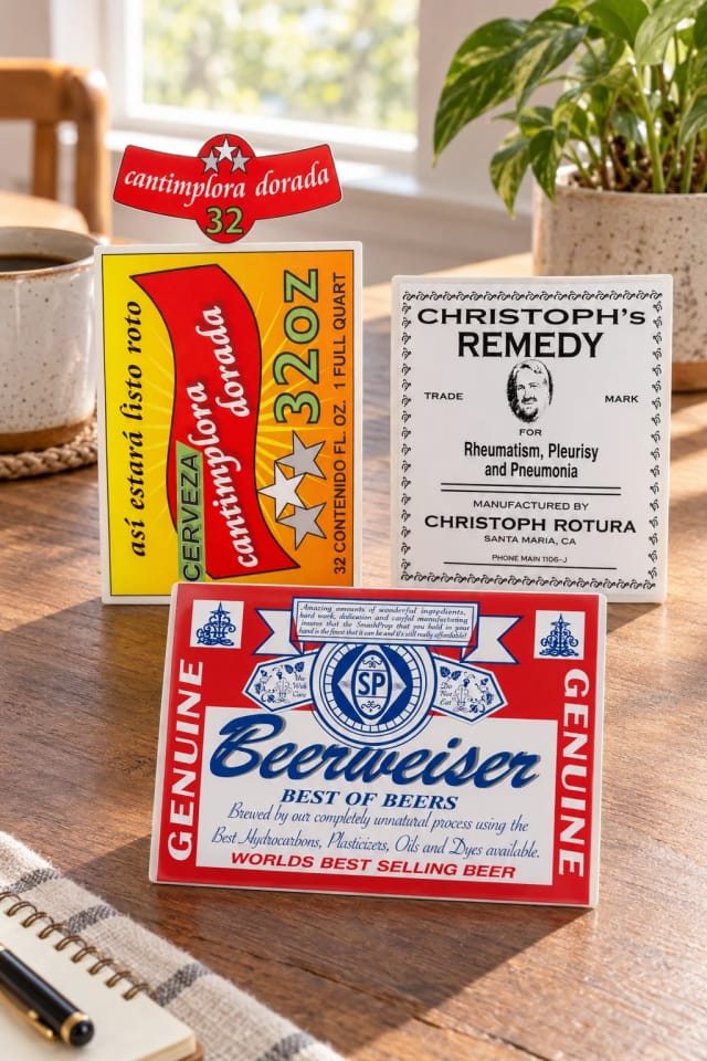 NewRuleFX.com Beerweiser Bottle Single Self Adhesive Label - License and Royalty Free for Film Use, Cerveza Dorada 32 Ounce Bottle Single Self Adhesive Label - License and Royalty Free for Film Use and Christoph's Remedy Single Self Adhesive Label - License and Royalty Free for Film Use on a bright
