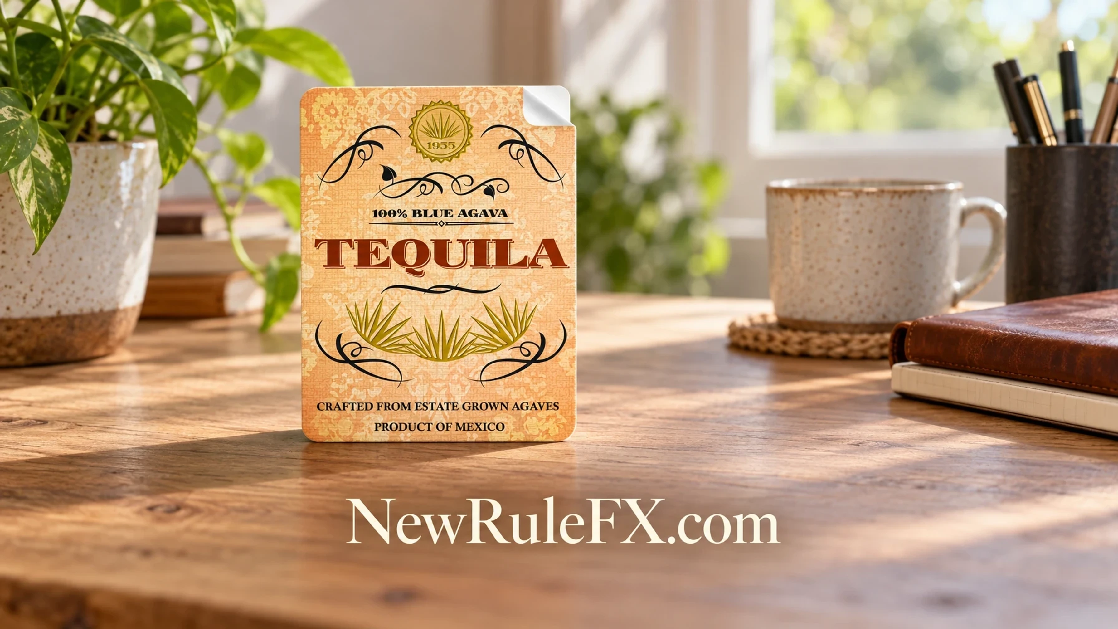 NewRuleFX.com Blue Agava Tequila Bottle Self Adhesive Label on a bright desk