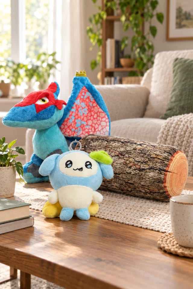 Cozy Kawaii LLC Kawaii Character Plush Toy – Soft Stuffed Animal Doll for Room Decor, Jurassic Dinosaur Plush Toy – 9.8" (25cm) Soft Stuffed Dino Doll and 3D Tree Stump Plush Pillow – Realistic Wood Log Cushion in a bright living room