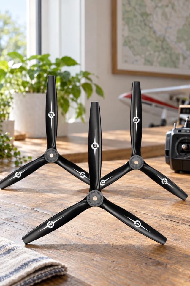 Master Airscrew 3-Blade 10x7 Propeller Rev./Pusher, 11x6 Propeller and 12x6 Propeller in a bright home