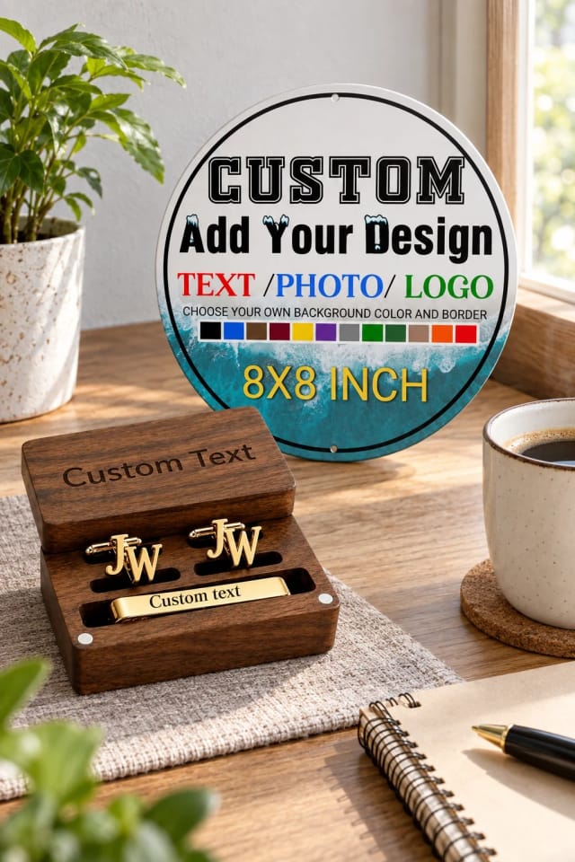 Yazv Custom Sign Outdoors – Personalized Metal Aluminum Sign 8×8 Inch Round and Custom Monogram Cufflinks & Tie Clip on a bright desk