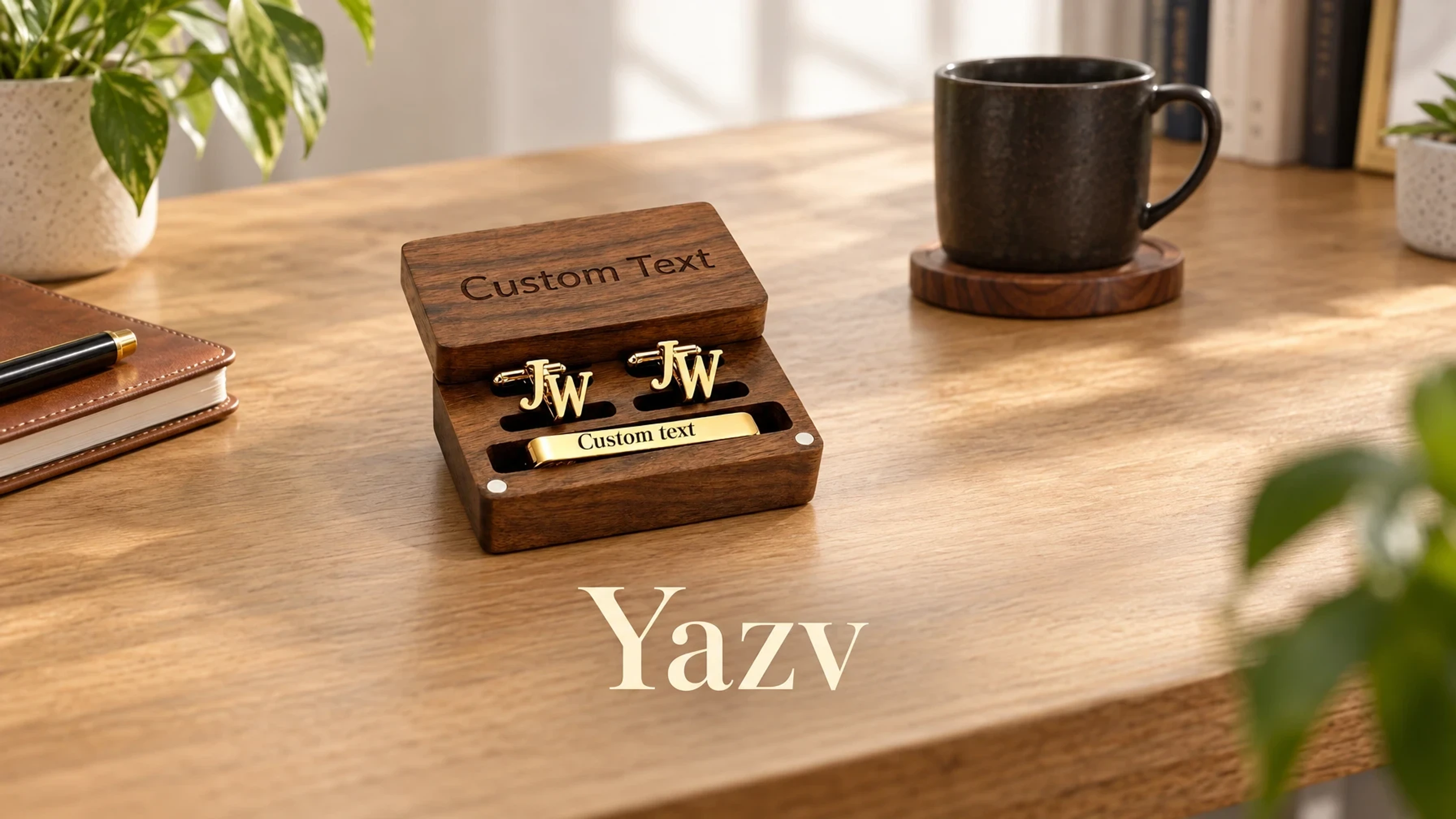 Yazv Custom Monogram Cufflinks & Tie Clip on a bright desk