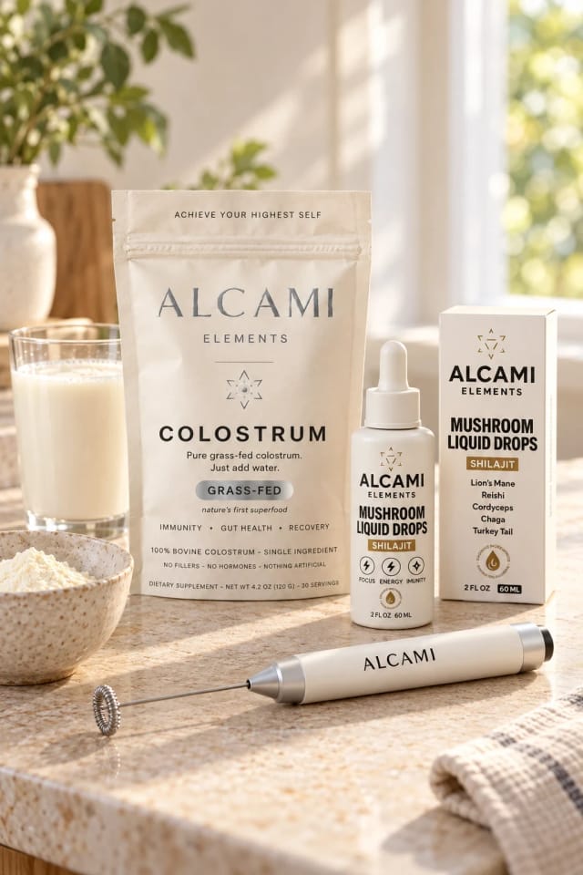 Alcami Colostrum, Alcami Concentrated Mushroom Drops + Shilajit and Alcami Cream Frother in a bright home
