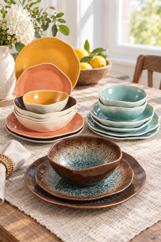 DECOSIGNATURE Espresso Stone 16-Piece Organic Dinnerware Set, Sunstone 16-Piece Organic Dinnerware Set and Aqua Blue 16-Piece Organic Dinnerware Set in a bright home