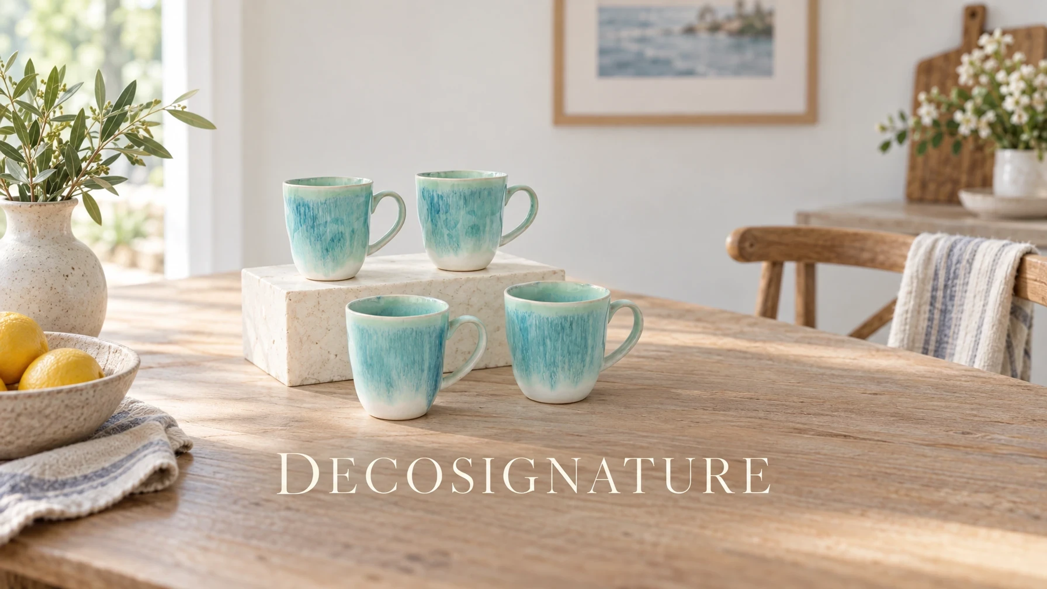 DECOSIGNATURE Aqua Blue Organic Mug Set in a bright home