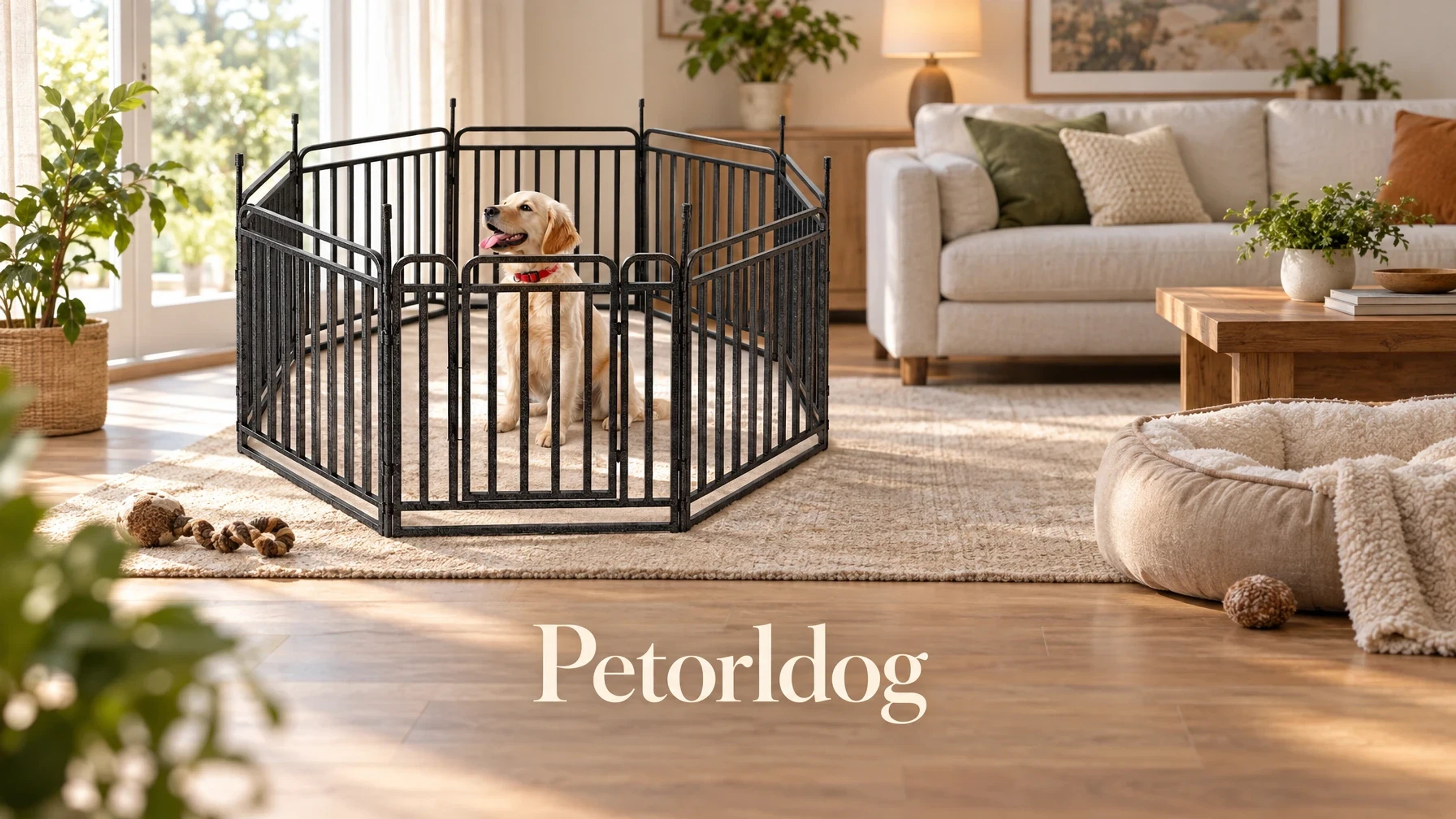Petorldog Curved Tool-free Playpen in a bright home