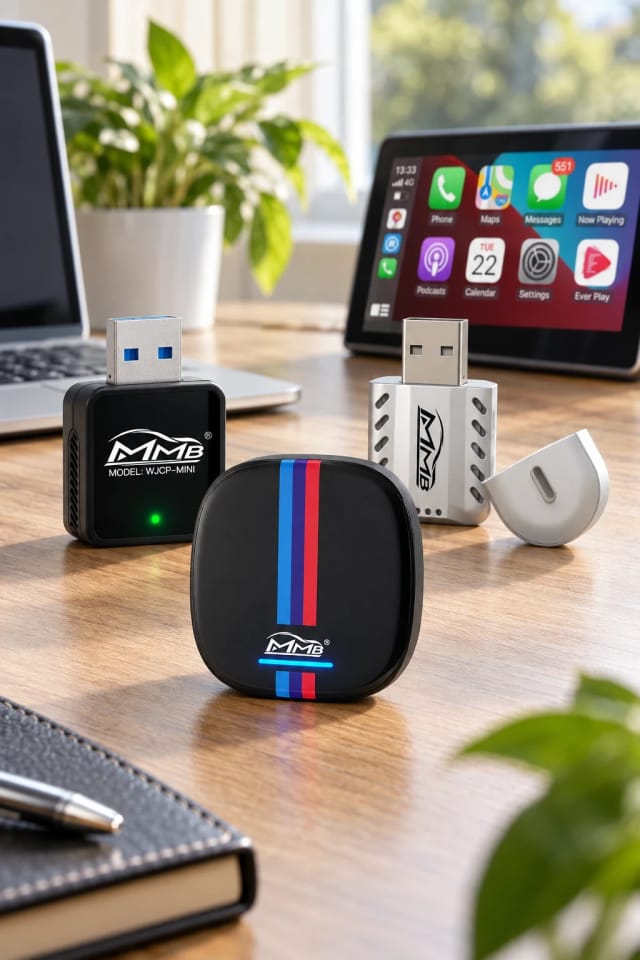 MMB Mini Wired to Wireless Bluetooth WiFi Carplay Adapter, MMB Mini 2.0 Wired to Wireless Bluetooth WiFi CarPlay Adapter and MMB BMW AI Box Wireless Multimedia Carplay Adapter on a clean desk