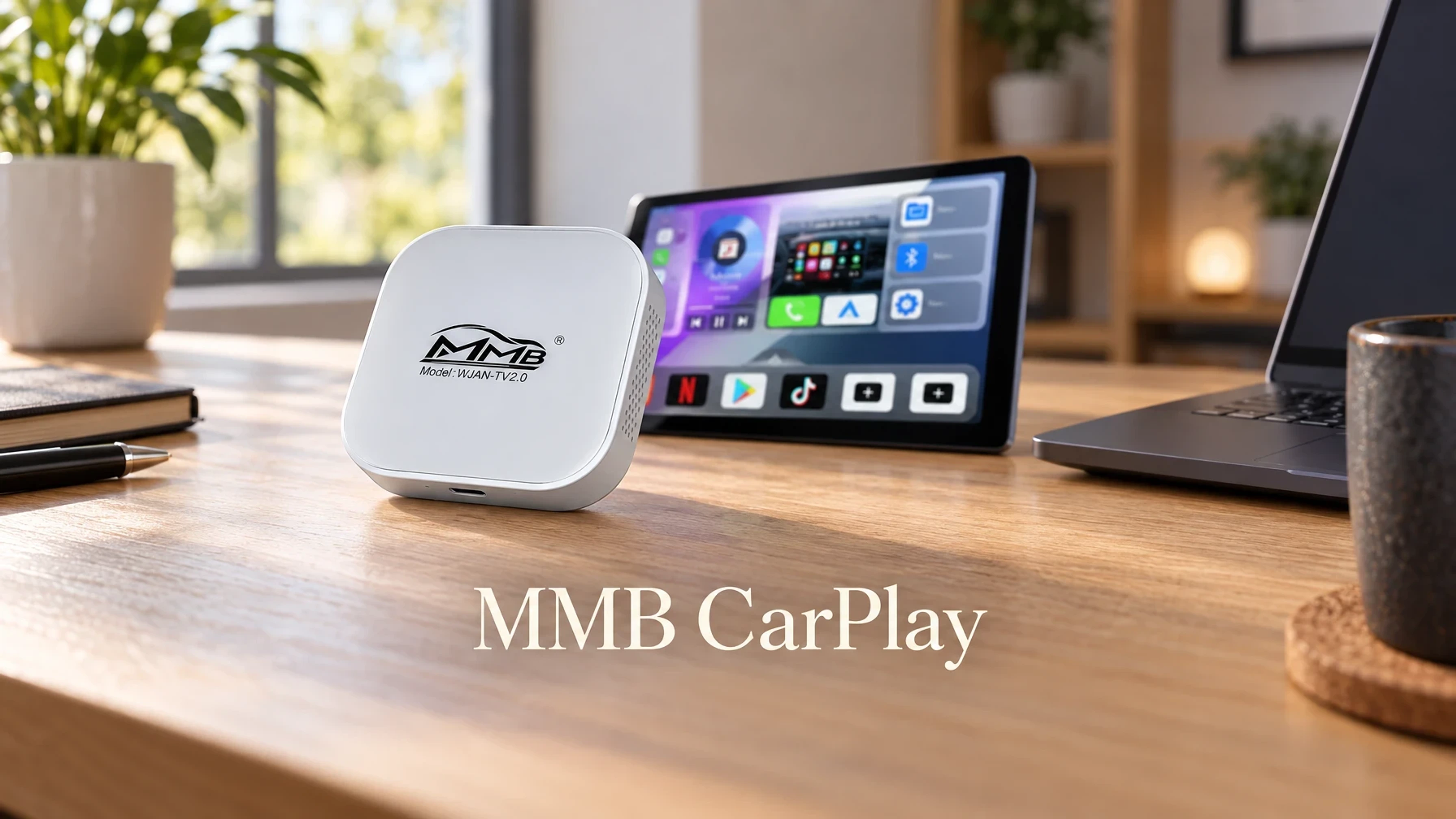 MMB AI Box Wireless TV 2.0 Google Play Carplay Adapter on a clean desk