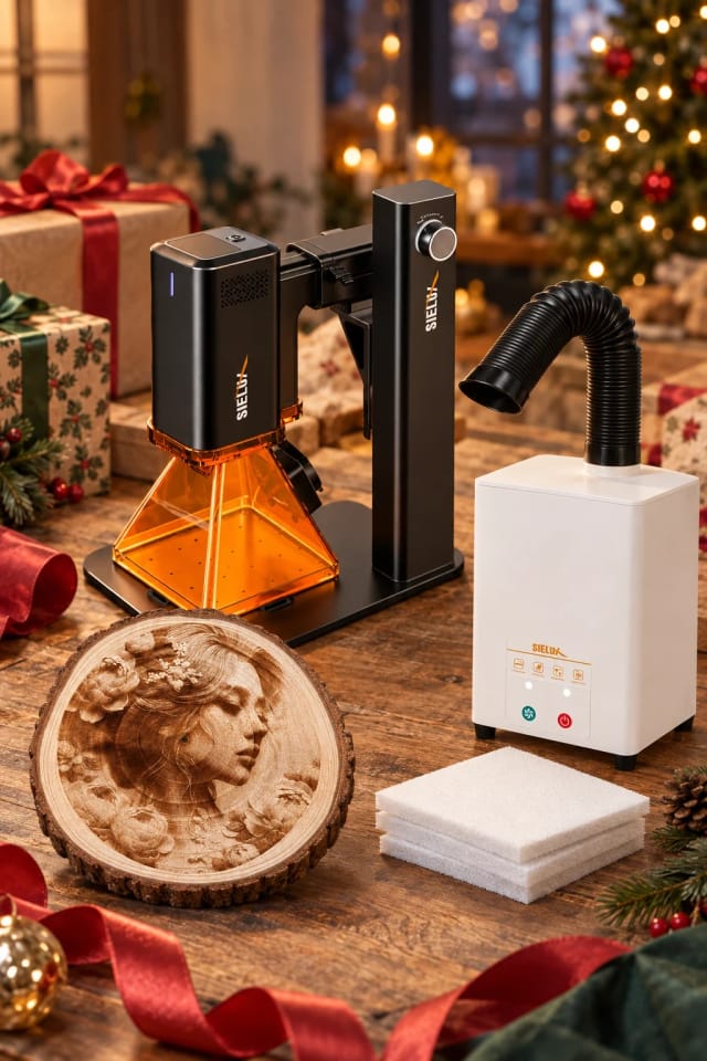SL2 10W Diode Laser Engraver Machine, Only 1.76 lbs, 4000mm/s Lightning Speed, Ultra HD Handheld Portable Laser Engraving Machine for Wood, Leather, Acrylic, Glass, Coated Metal(with Roller), Pre made Wood Slice Design and Sielux P1 Desktop Fume Extractor & Air Purifier in a bright home