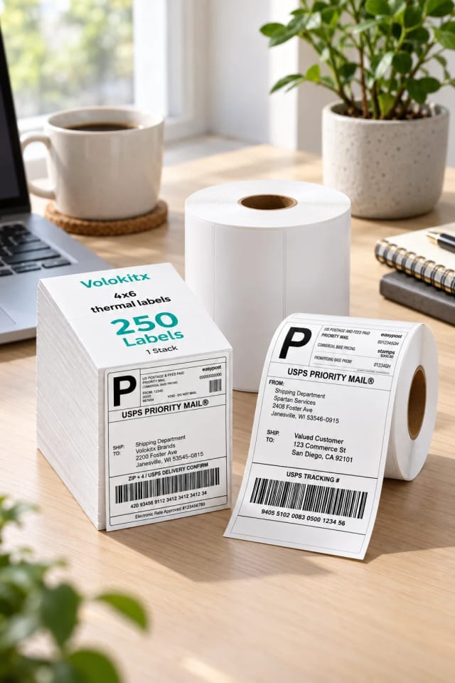 volokitx 250 Thermal Label Sample Trial – $0.99, 500 Thermal Label Sample Trial – $0.99 and 4" x 2" Direct Thermal Labels – 10,500 Labels per carton, 14 Rolls × 750, White on a bright desk
