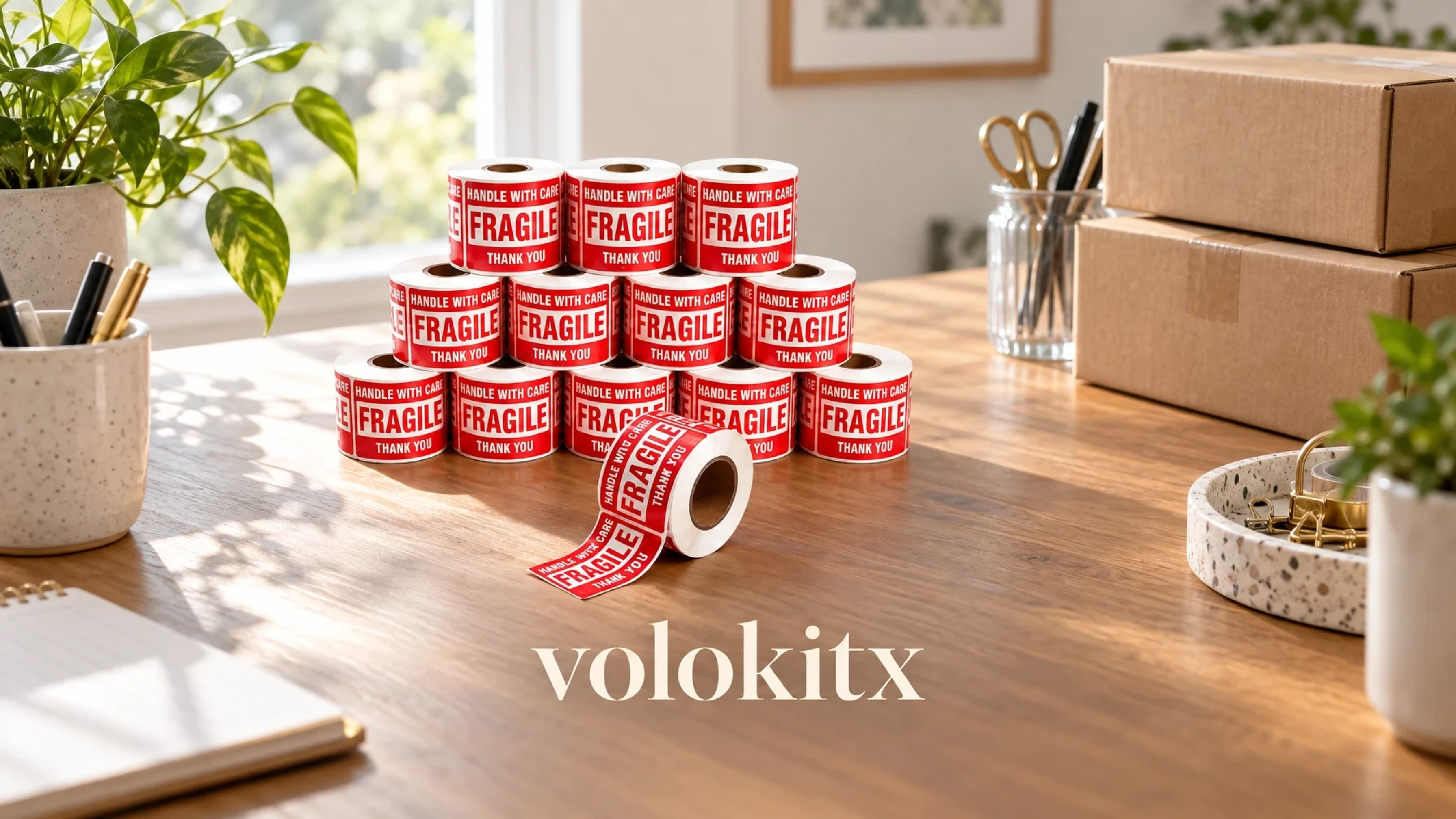 volokitx 3" x 2" Fragile Shipping Stickers – 6,000 Labels per carton, 12 Rolls × 500, Handle with Care Labels on a bright desk