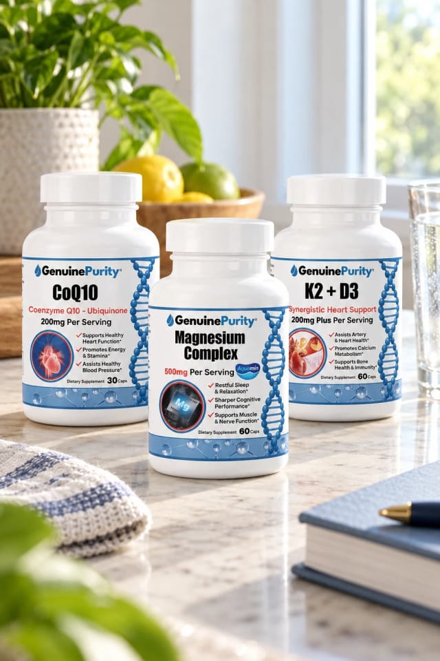 GenuinePurity Heart & Artery Guard - Bundle, Longevity Activation - Bundle and Cellular Reset - Bundle bottles in a bright home