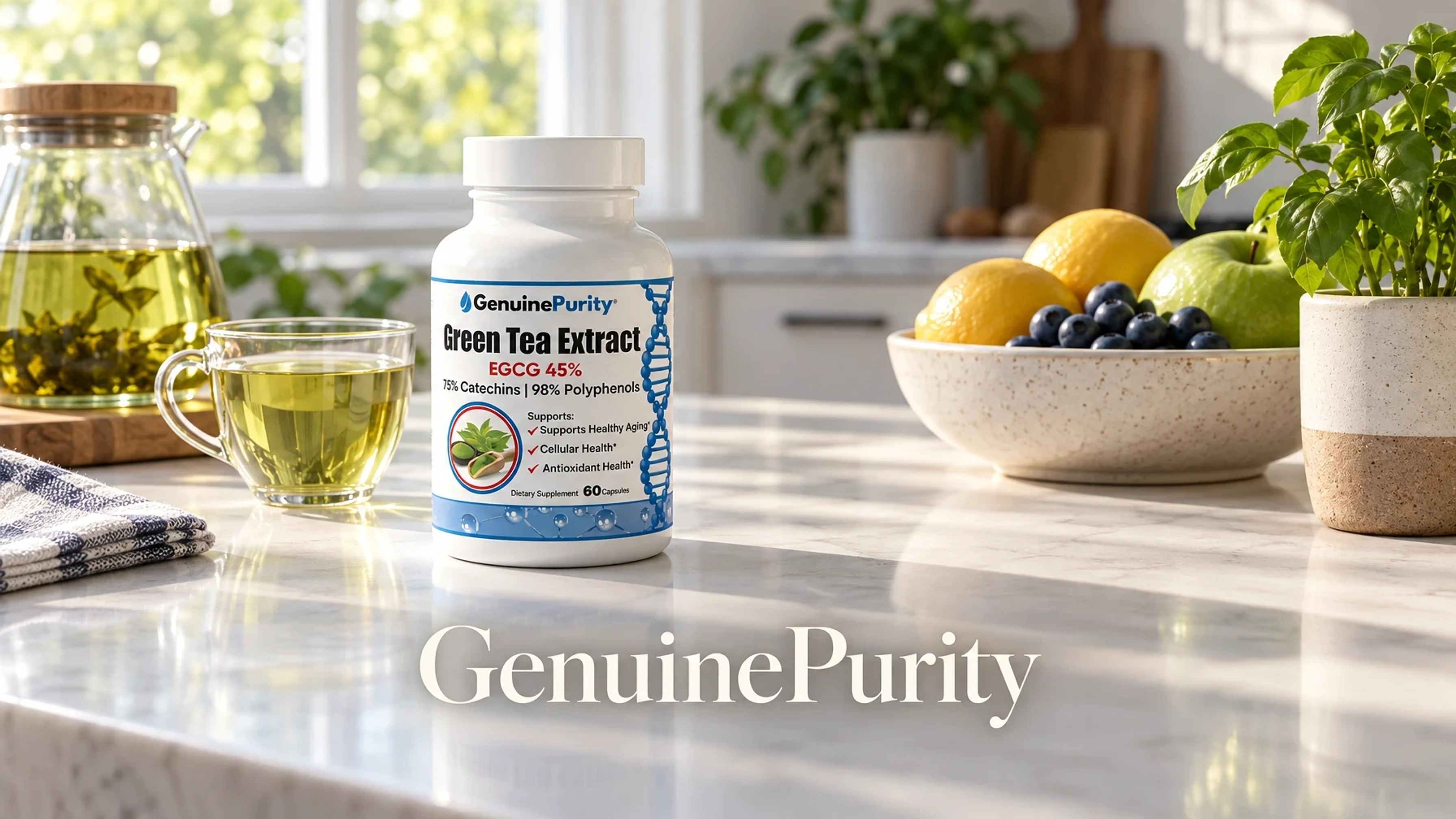 GenuinePurity Green Tea Extract in a sunlit kitchen