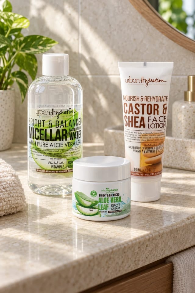 Urban Hydration Aloe Vera Bright + Balanced Micellar Water, Castor & Shea Nourish + Rehydrate Face Lotion and Aloe Vera Bright + Balanced Dark Spot Cream in a bright bathroom