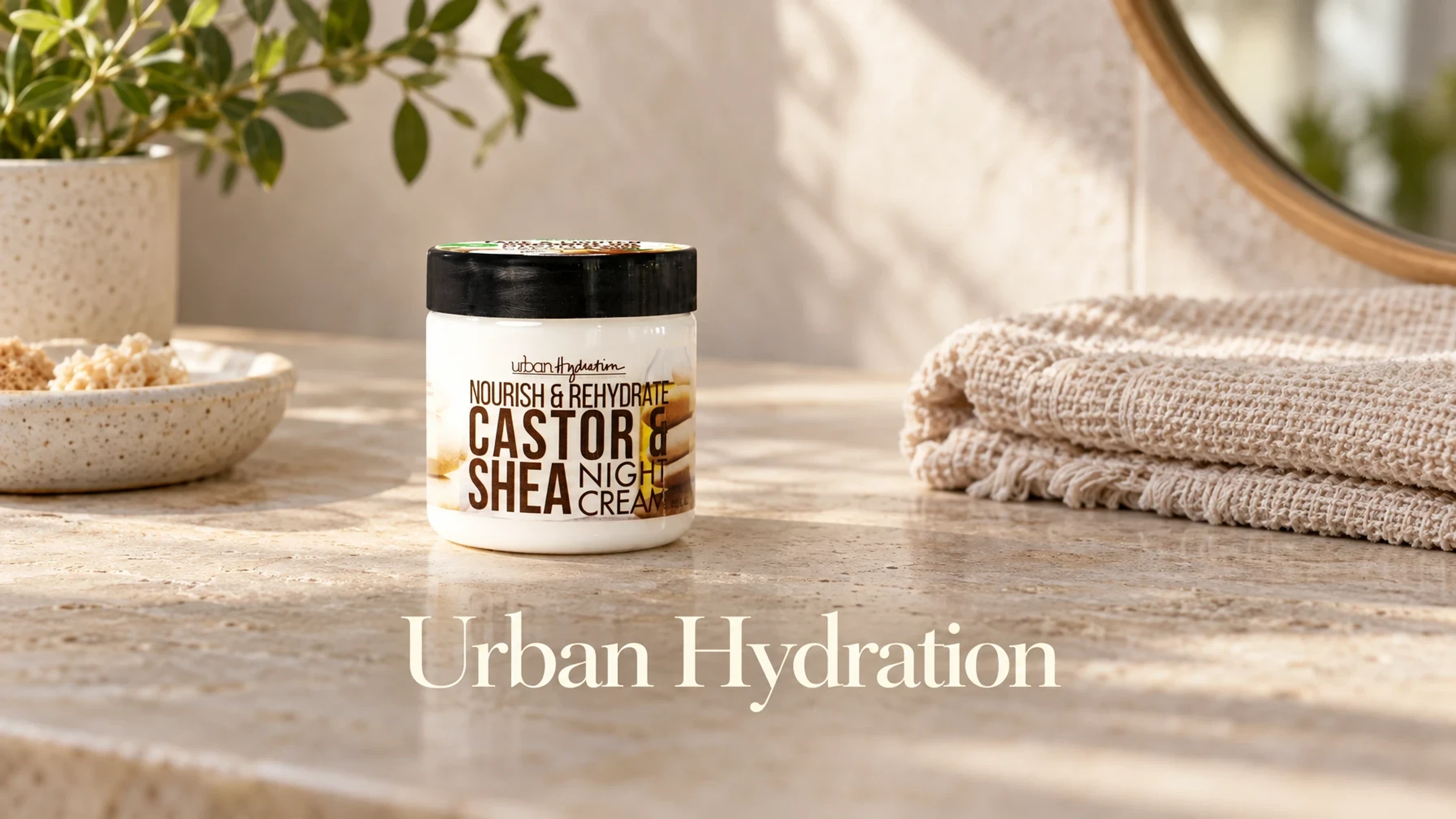 Urban Hydration Castor & Shea Nourish + Rehydrate Night Cream in a bright bathroom