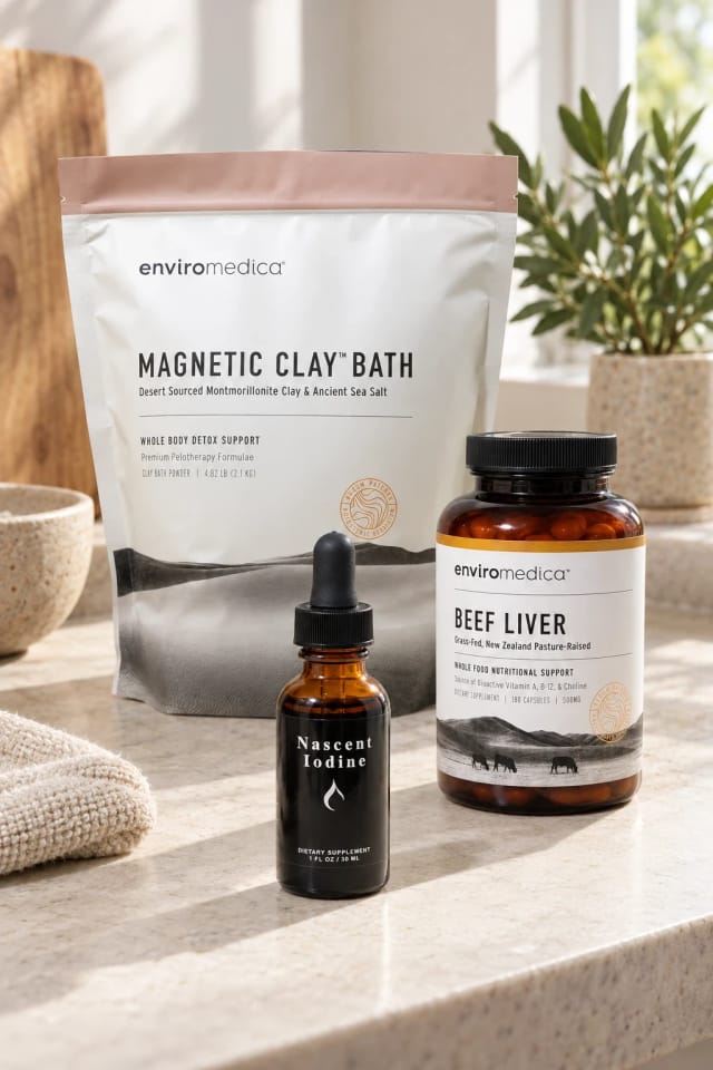Enviromedica Magnetic Clay™ Bath, Nascent Iodine and Pastured Beef Liver in a bright home