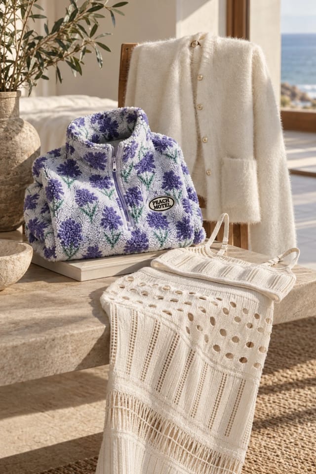 Peach Motel Soleil Knit Set, Lavender Haze Fleece and Soft Launch Set in a bright home
