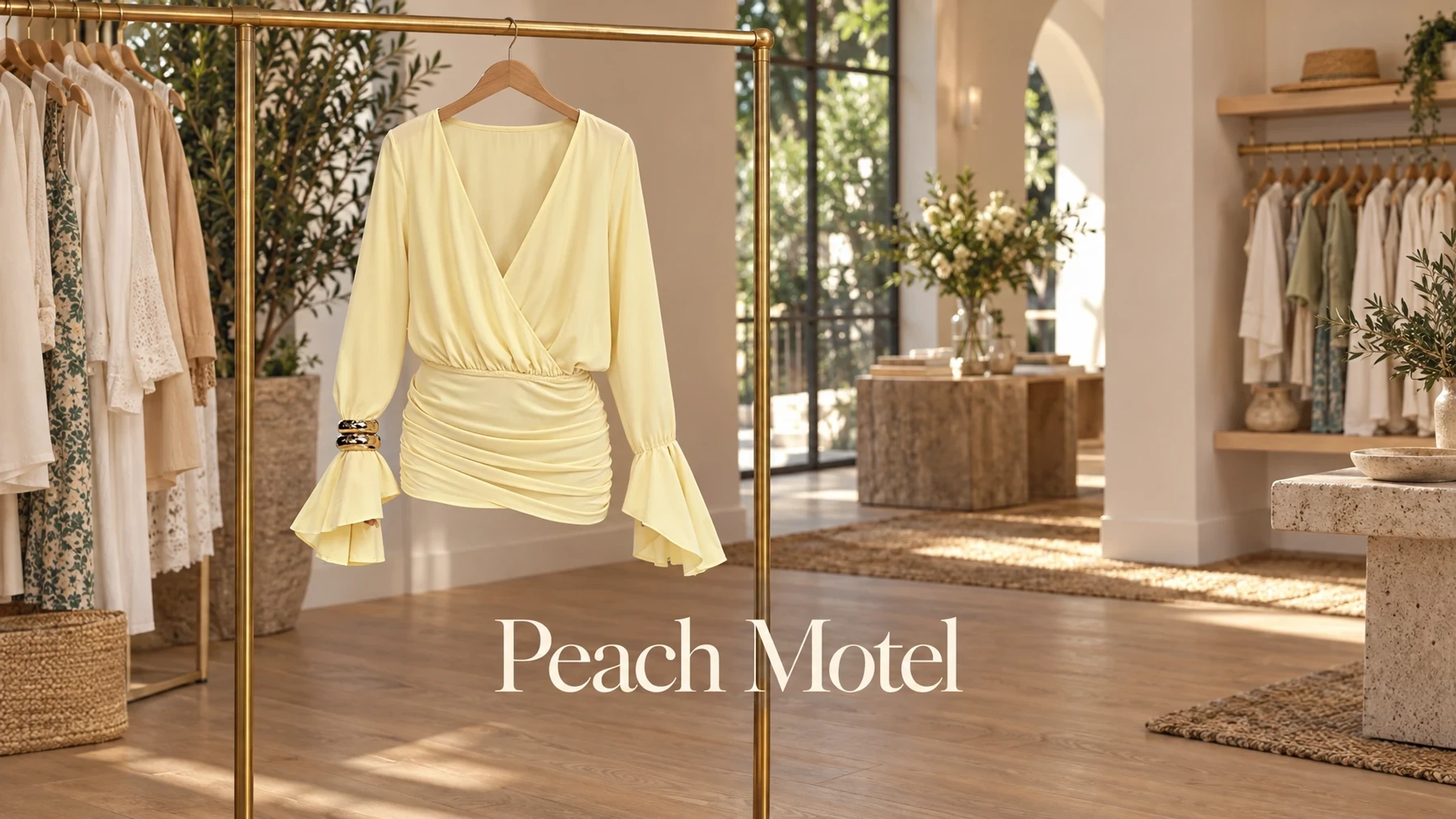 Peach Motel Sunlit Glow Draped Mini Dress in a sunlit boutique