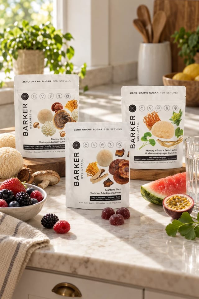 Barker Wellness Ultimate Wellness Gummies Bundle for Energy, Focus, Immunity & Sleep, Mushroom Mind & Body Gummies Trio and Day & Night Mushroom Adaptogen Gummies Duo in a sunlit kitchen