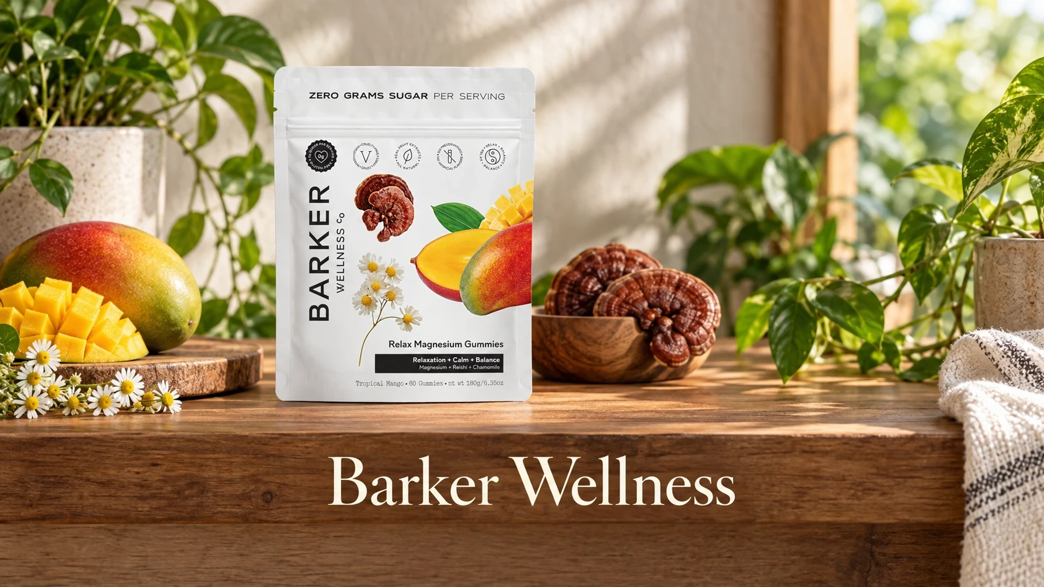 Barker Wellness Calm Your Mind & Body – Relax Magnesium Gummies in a sunlit kitchen