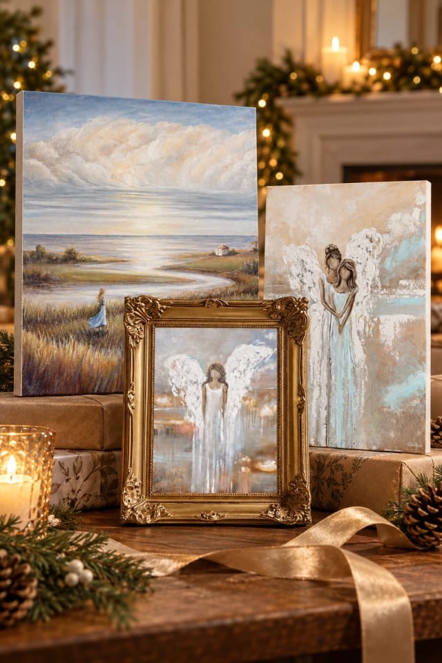 Contemporary Art by Christine "Her Beautiful Strength" GICLÉE PRINT Abstract Angel Painting Neutral Guardian Angel FRAMED / Un-Framed, "In Her Own World" GICLÉE PRINT Landscape Oil Painting, Coastal Seascape Beach Figurative w/ Girl 30x24" and "I've Got You" SPECIAL RELEASE GICLEE PRINT Abstract Ang