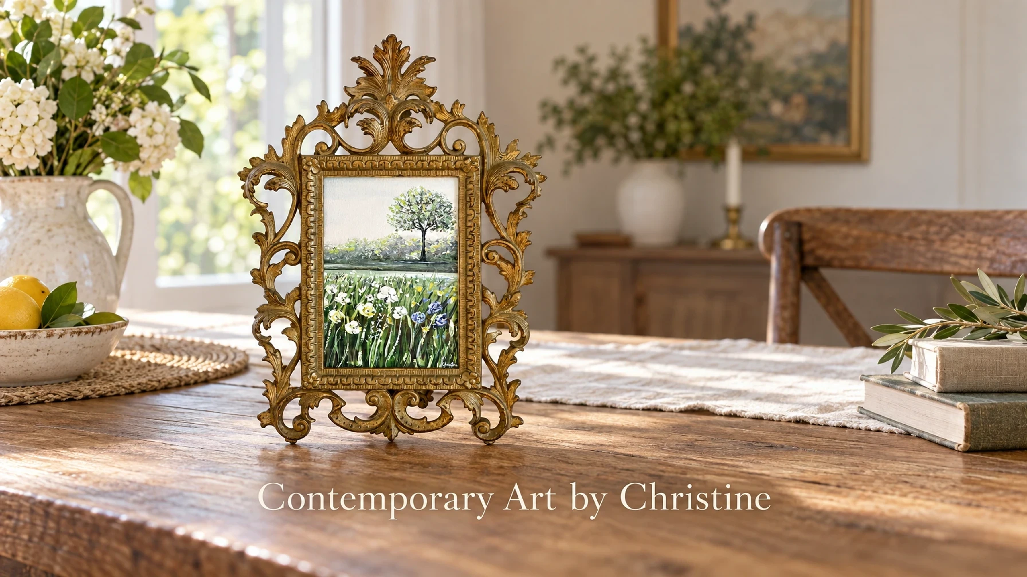 Contemporary Art by Christine "A Place of Peace II" FRAMED LIMITED EDITION GICLEE PRINT Landscape Painting, ANTIQUE Gold Gilt Frame in a bright home