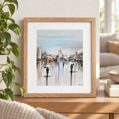 "A Moment in Time" FRAMED GICLEE PRINT Art Abstract Painting Cityscape Horizon Modern Figurative Umbrellas