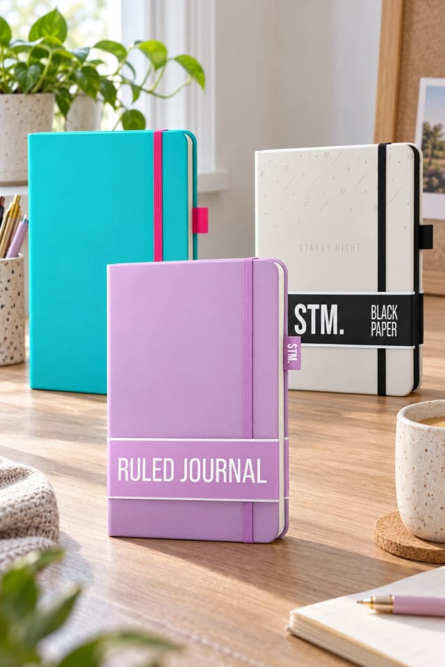 Scribbles That Matter Dotted Journal - Pro, Dotted Journal - Starry Night and Everyday Journals (Ruled) in a bright home