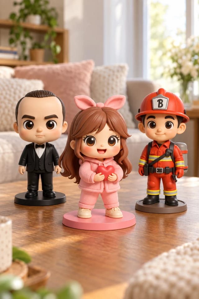 Valentine’s Day 3d Action Figure Based On Image, Custom 3d Figure For Godfather From Photo and 3d Action Figure For Firefighter From Selfie in a bright living room
