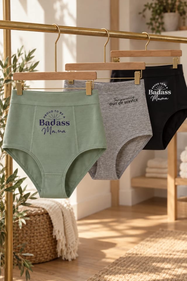 Postpartum Panty Party Period Panty: Proud To Be A Badass Mama, Temporarily Out Of Service and Boyshorts Period Panty: Proud To Be A Badass Mama in a bright home
