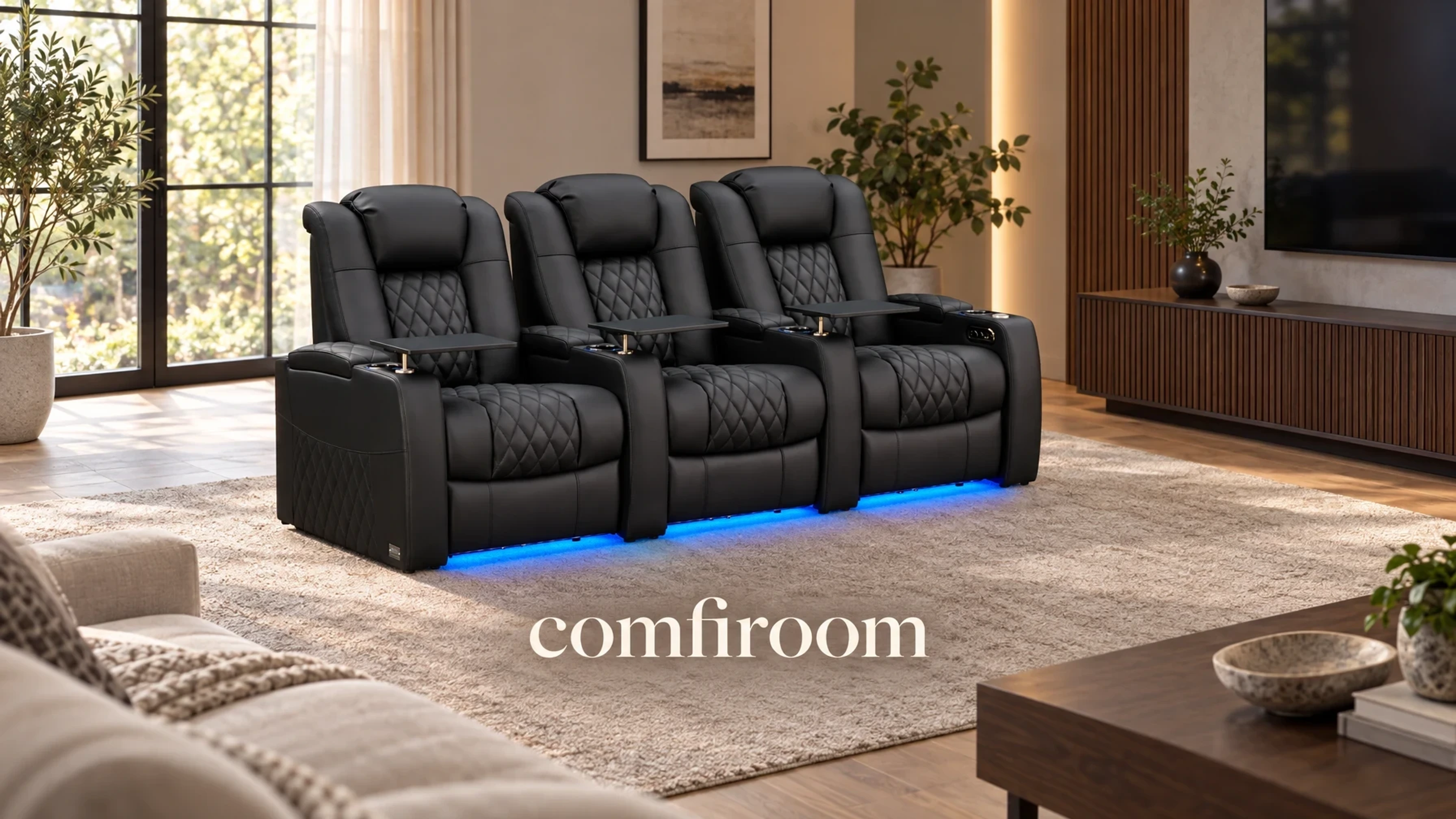 comfiroom Classic Series Home Theater Seating – Leather Recliner Sofa, 3-Seat (Loveseat Options Available) in a bright home