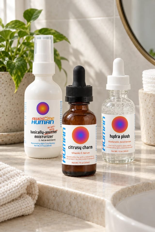 Awesome Human Basically-Another-Moisturizer, Citrusy Charm and Hydra Plush bottles in a bright bathroom