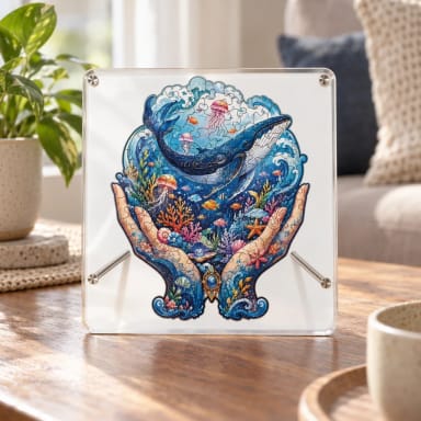 Ocean Life Sanctuary Floating Wooden Puzzle with Acrylic Display Frame & Stand (80 Pcs)