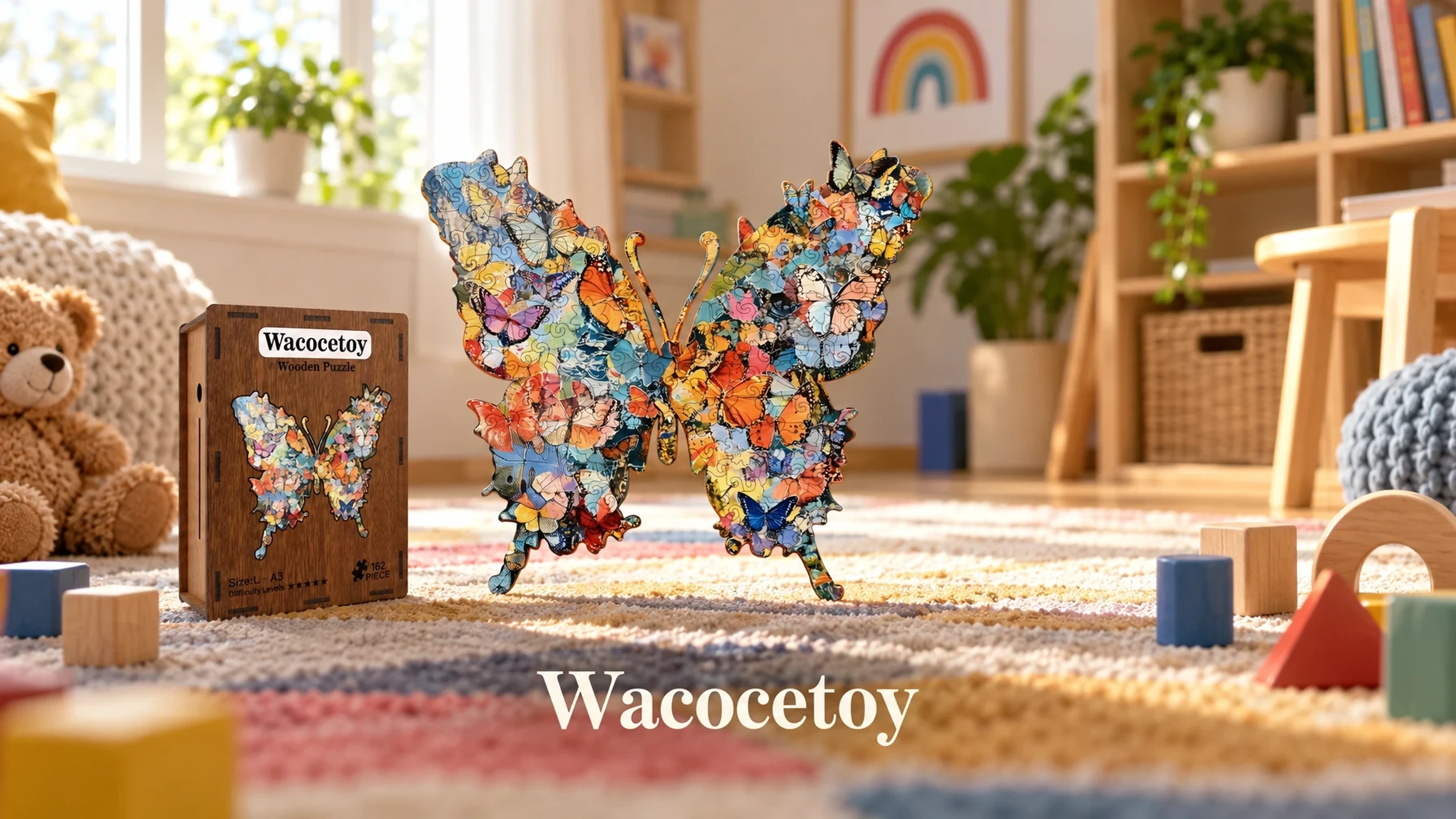 Wacocetoy Mosaic Butterfly 2-in-1 Wooden Puzzle & Coin Bank with Stand (M/L/XL) in a bright living room