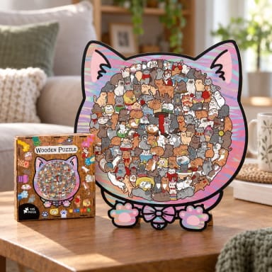 Stacked Cats Framed Wooden Jigsaw Puzzle with Display Stand – 135 Pcs