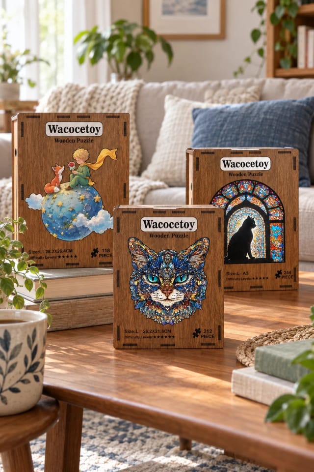 Wacocetoy Blue-Eyed Cat 2-in-1 Wooden Puzzle Coin Bank with Display Stand (M/L), The Little Prince 2-in-1 Wooden Puzzle Coin Bank with Display Stand (M/L) and Cathedral Cat 2-in-1 Wooden Jigsaw Puzzle Coin Bank with Stand (M/L) in a bright living room