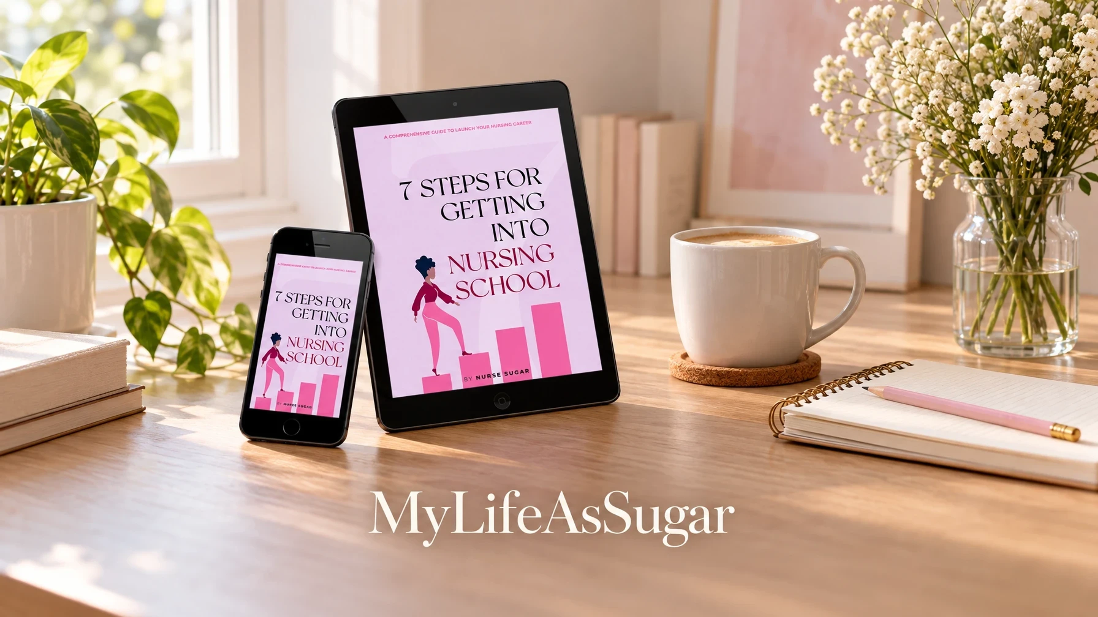 MyLifeAsSugar 7 Steps for Getting into Nursing School: A Comprehensive Guide to Launch Your Nursing Career on a tablet on a bright desk