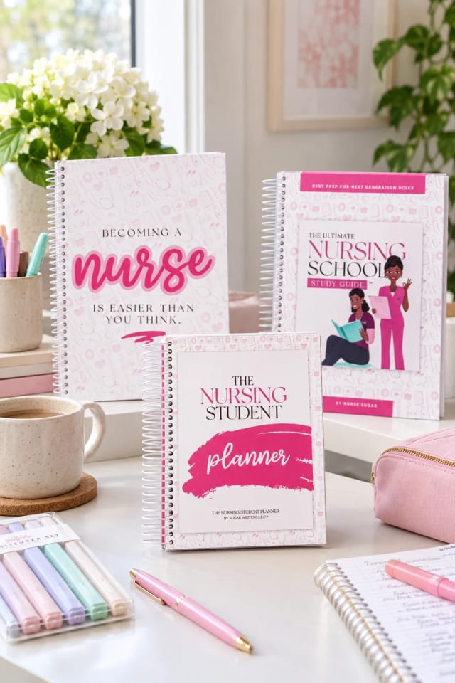 MyLifeAsSugar Nursing School Essential Bundle, The Nursing Student Success Bundle and Nursing Student Stationery Bundle in a bright home