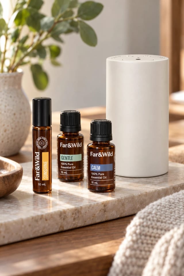 Far&Wild LULL KIT + PORTABLE DIFFUSER, SUNSHINE ROLL-ON KIT and LULL KIT in a bright home